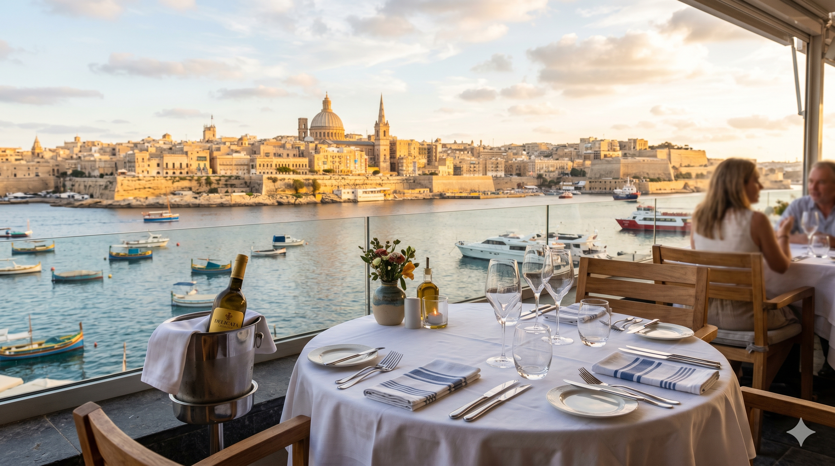 Golden-hour dining terrace overlooking Valletta harbour